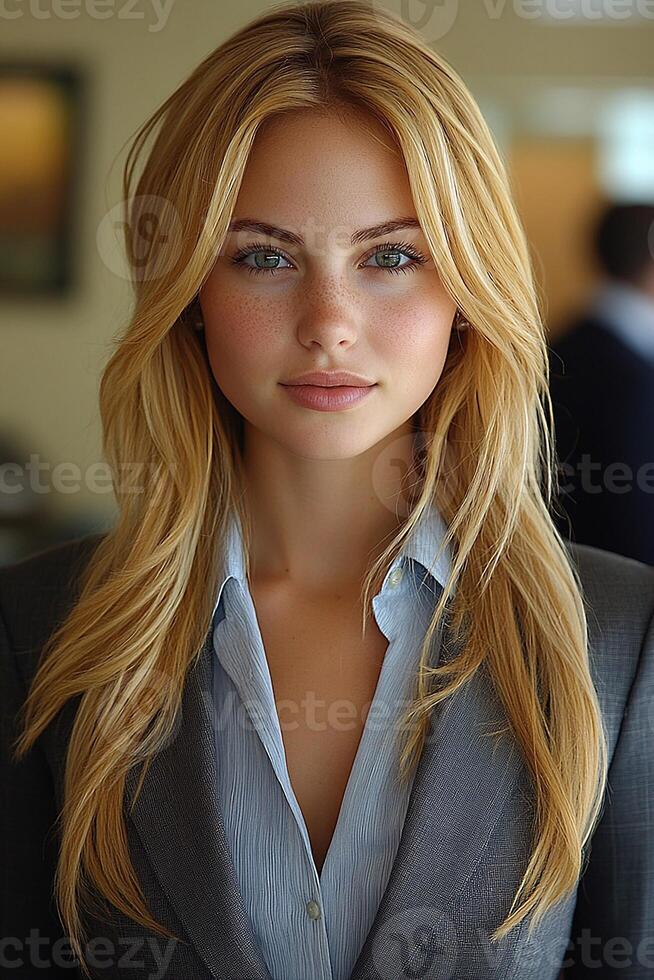 A close-up portrait of a confident young woman in business attire, smiling softly while looking straight at the camera. photo