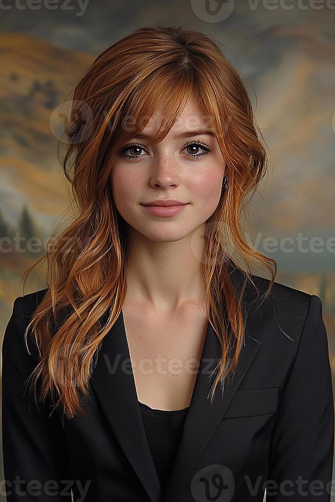 A professional portrait of a young woman in business attire, exuding confidence while making direct eye contact with the lens. photo