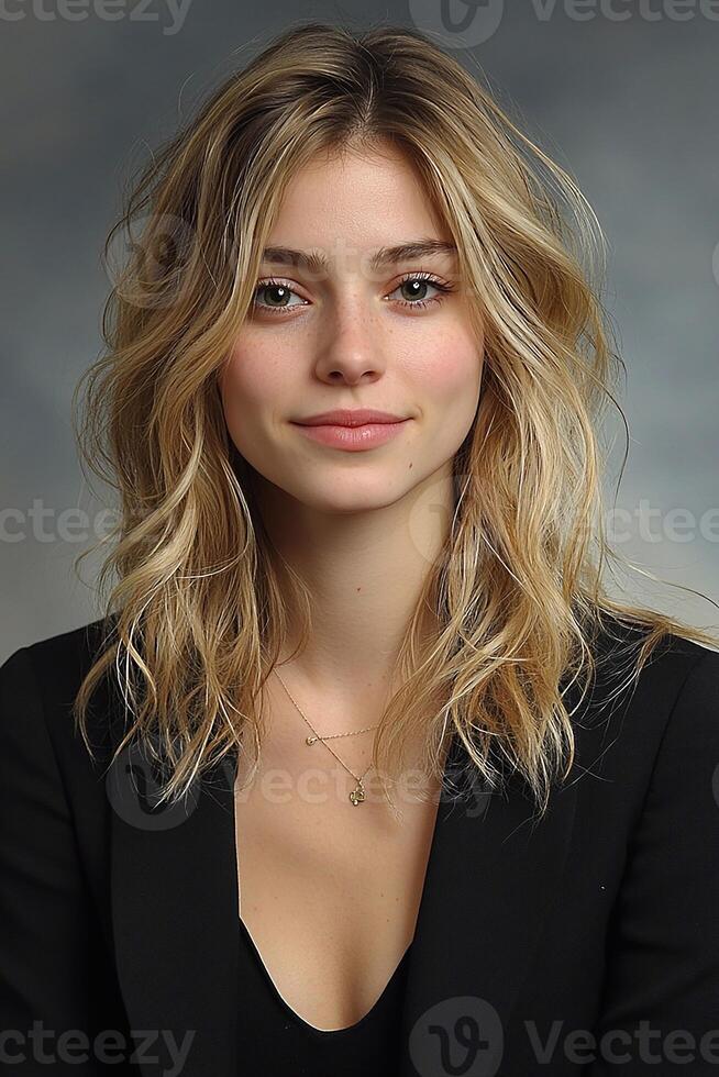 A professional portrait of a young woman in business attire, exuding confidence while making direct eye contact with the lens. photo