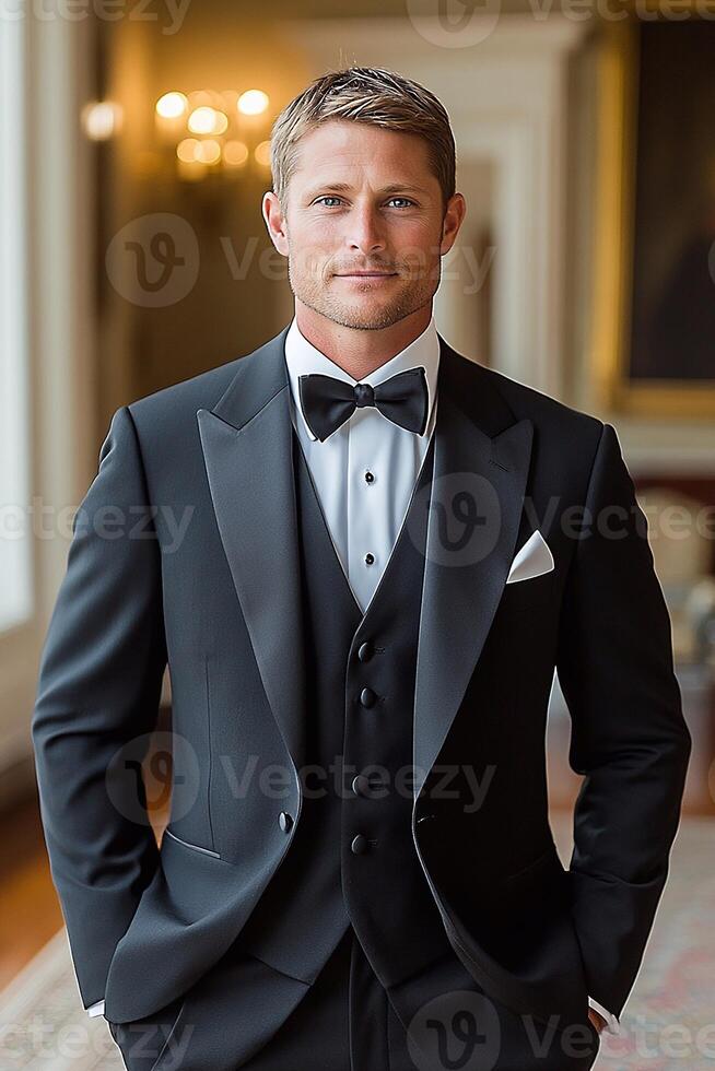 Portrait of a groom wearing a black tuxedo, surrounded by warm, soft lighting photo