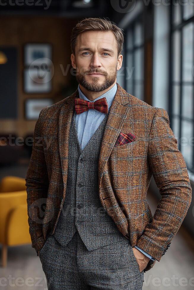 Groom wearing a classic suit with a modern bowtie, half-body pose with elegant background photo