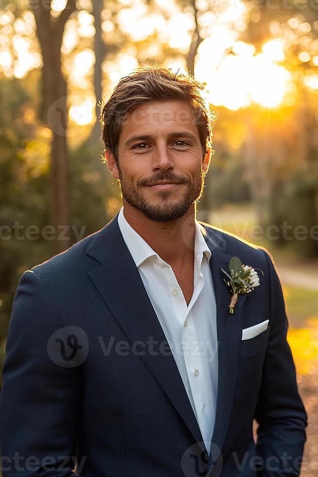 Portrait of a groom wearing a white shirt under a navy suit with a simple boutonniere photo