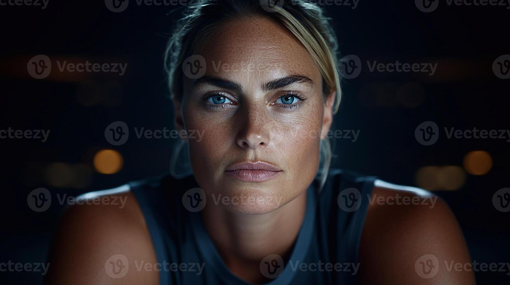Beautiful athletic woman in sportswear, facing the camera with a confident expression, bright background photo