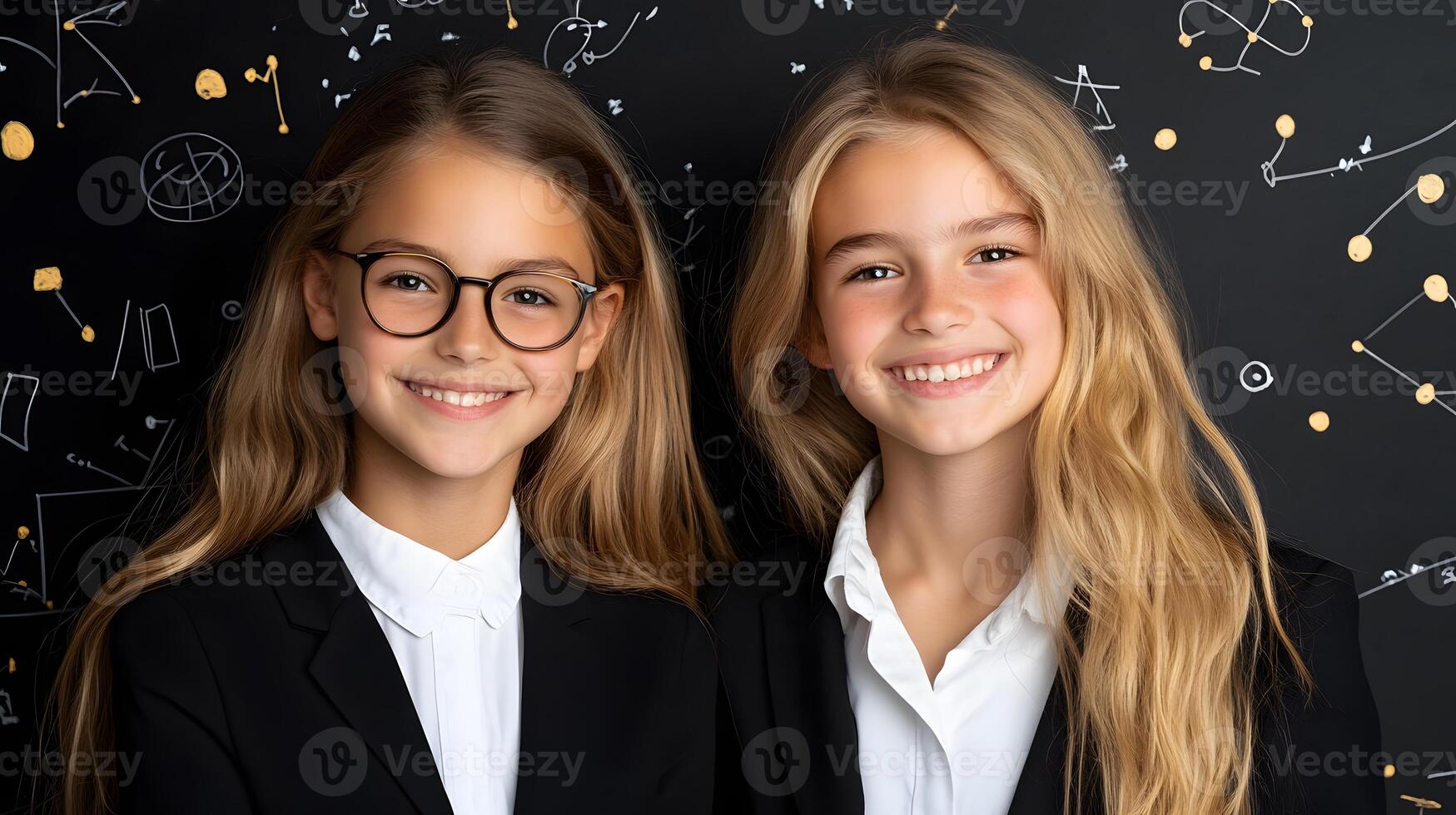 Teacher mentoring a student in mathematics, blackboard covered in algebra and geometry problems photo
