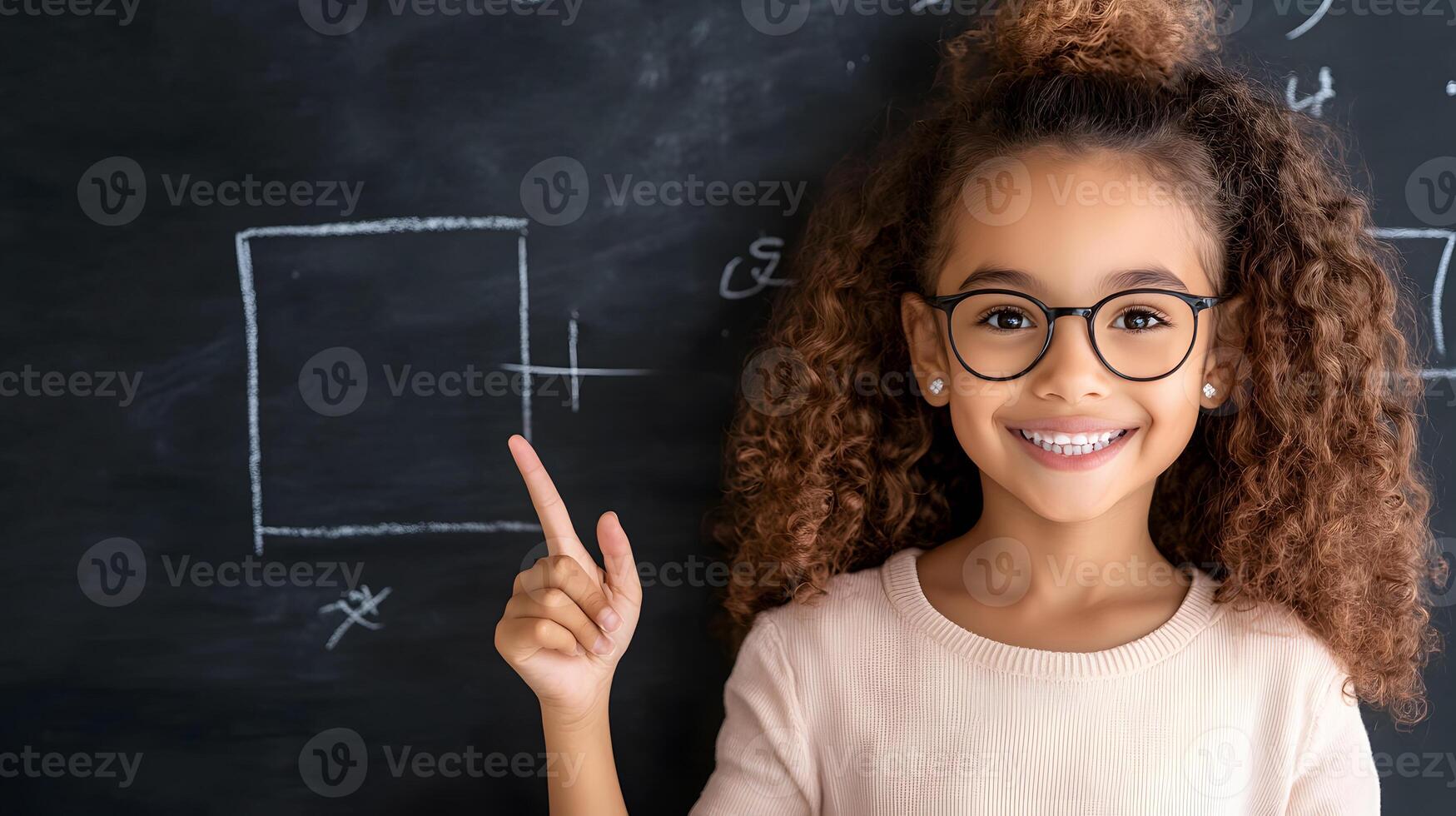 A teacher using a pointer to explain math concepts to a student, blackboard detailed with math symbols photo
