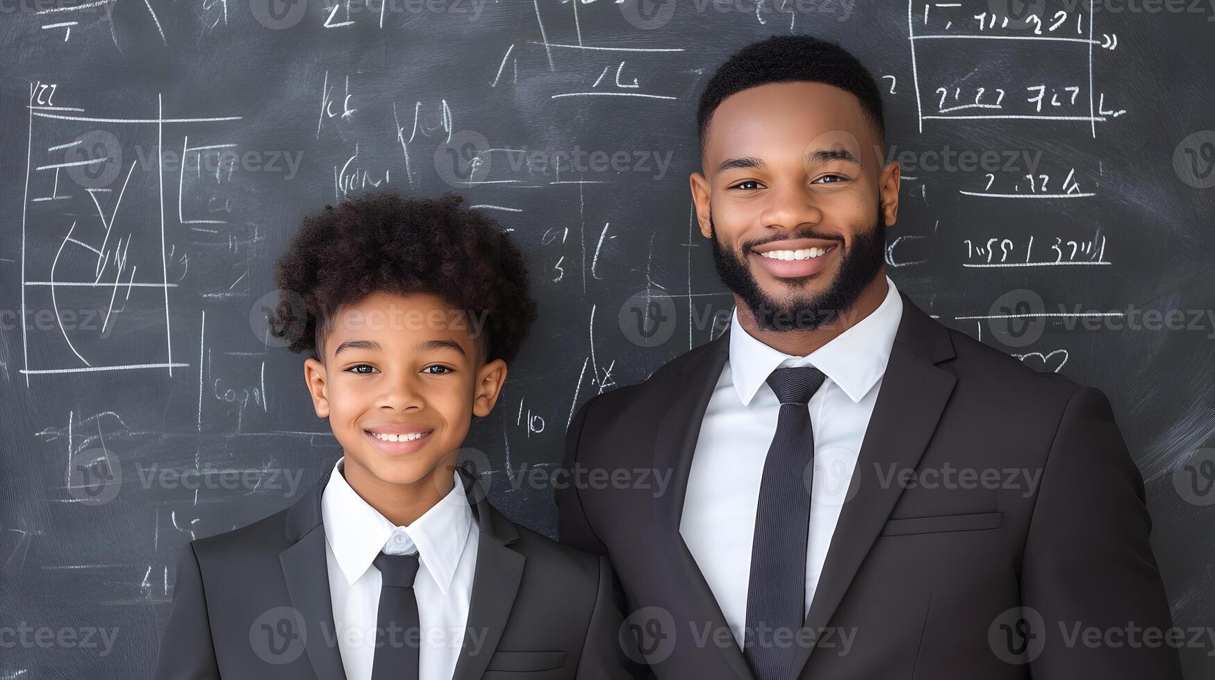 A teacher engaging with a student during a math lesson, blackboard featuring numbers and equations photo
