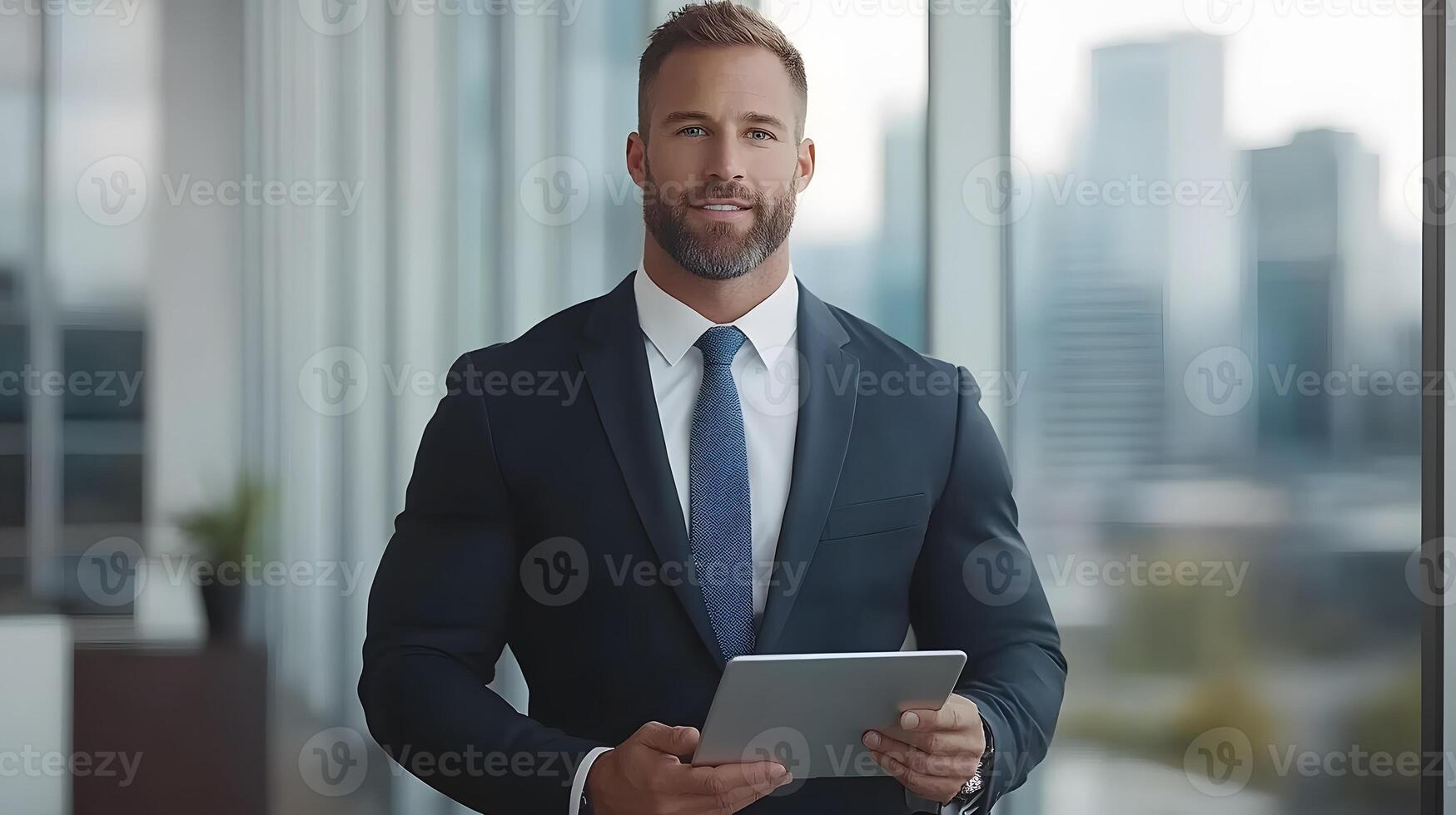 Confident businessman demonstrating project progress on a digital tablet, large windows and city skyline in the background photo