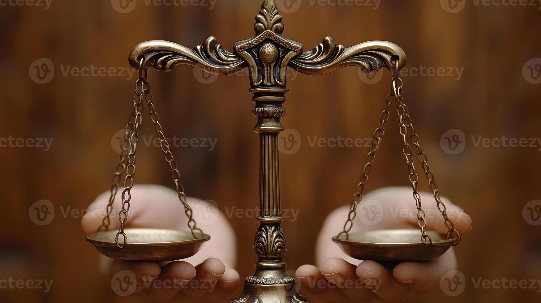 Lawyer in court holding evidence, focused and determined, justice scales in background photo