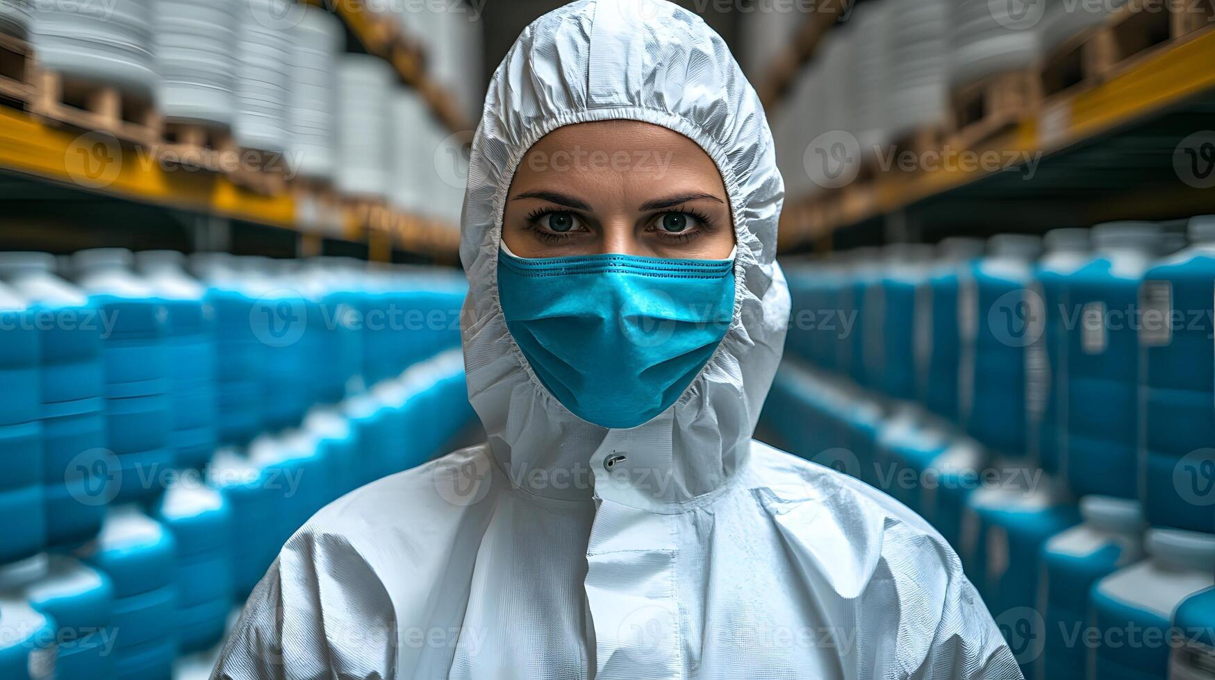 Worker with protective gear inspecting inventory, organized warehouse shelves, supplier at work photo