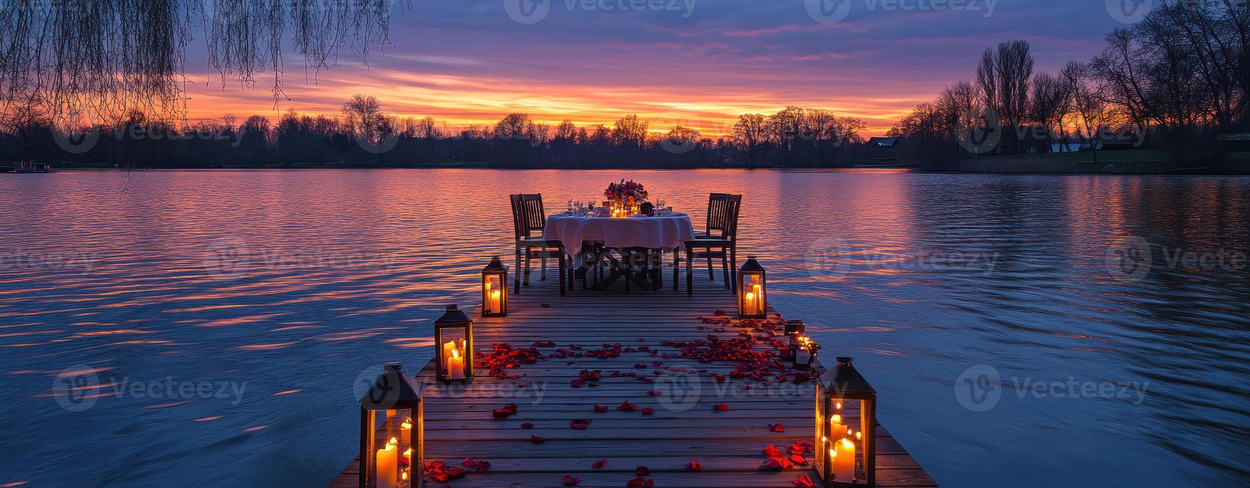 romantic lakeside dinner setting with wooden dock at sunset, surrounded by candles and rose petals photo