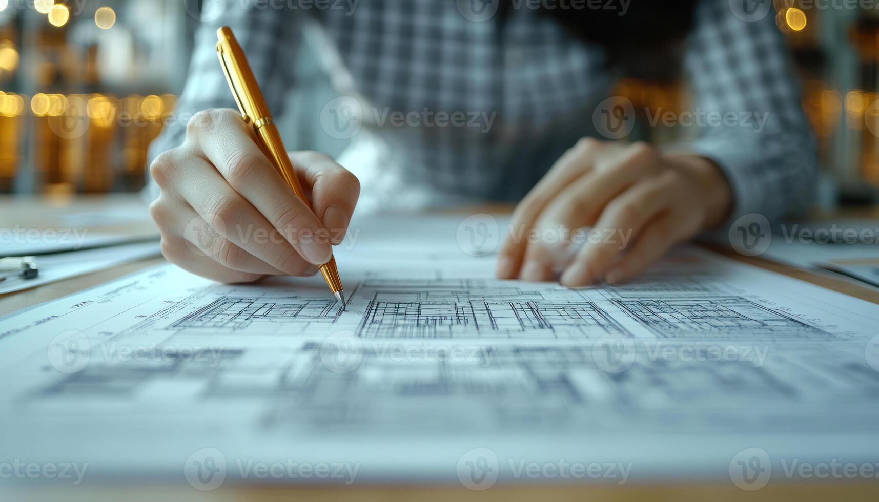 Close up shot of hands working on architectural blueprints with pen photo