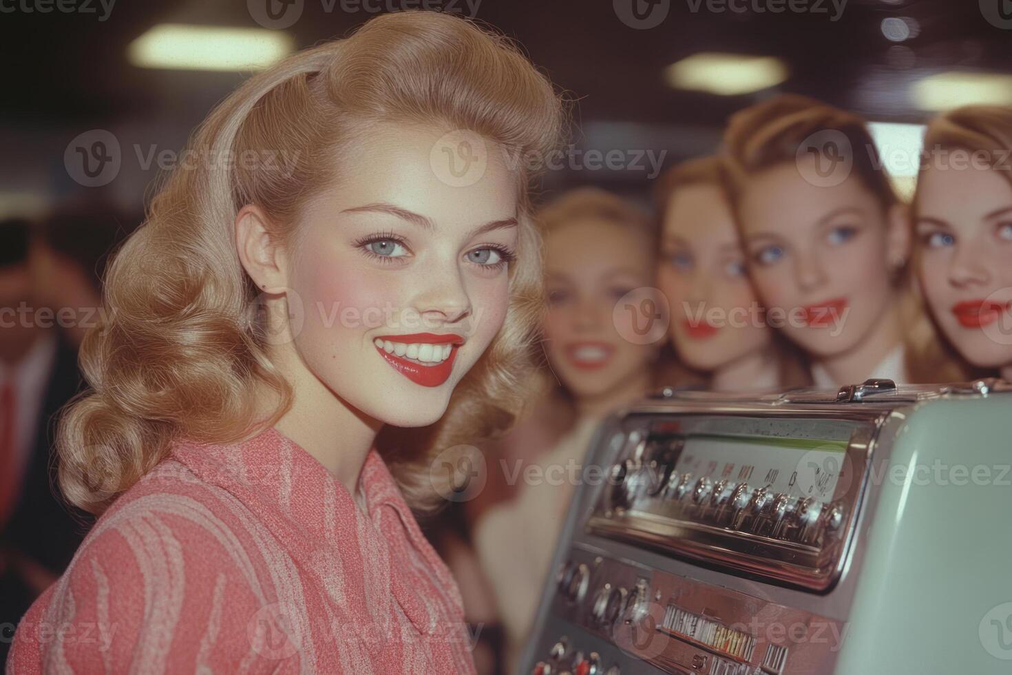 Vintage woman with glamorous hairstyle and bright red lips at retro machine, surrounded by friends, exuding joy and nostalgia photo