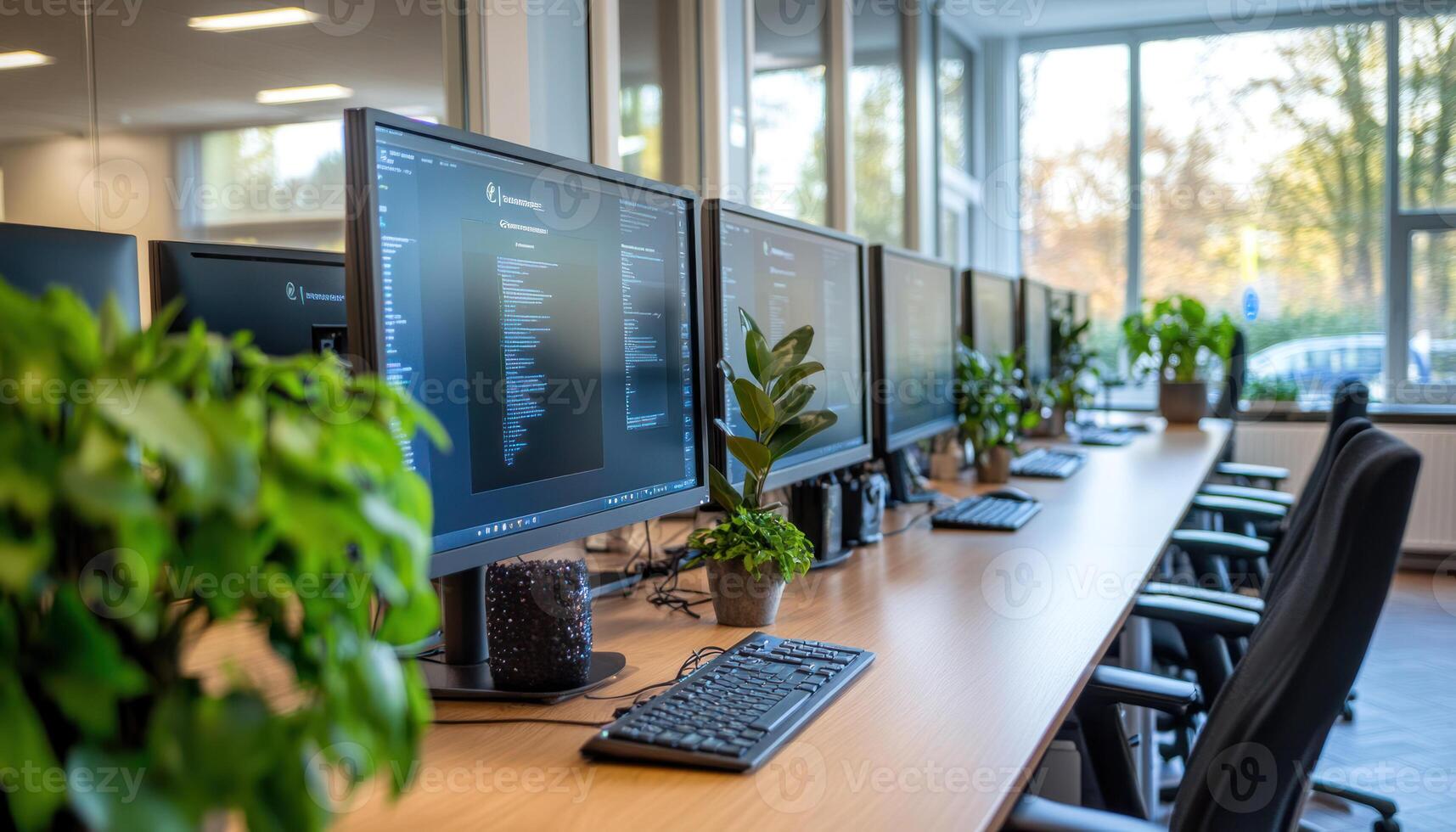 clean, bright office with multiple screens displaying code, plants, and modern furniture photo