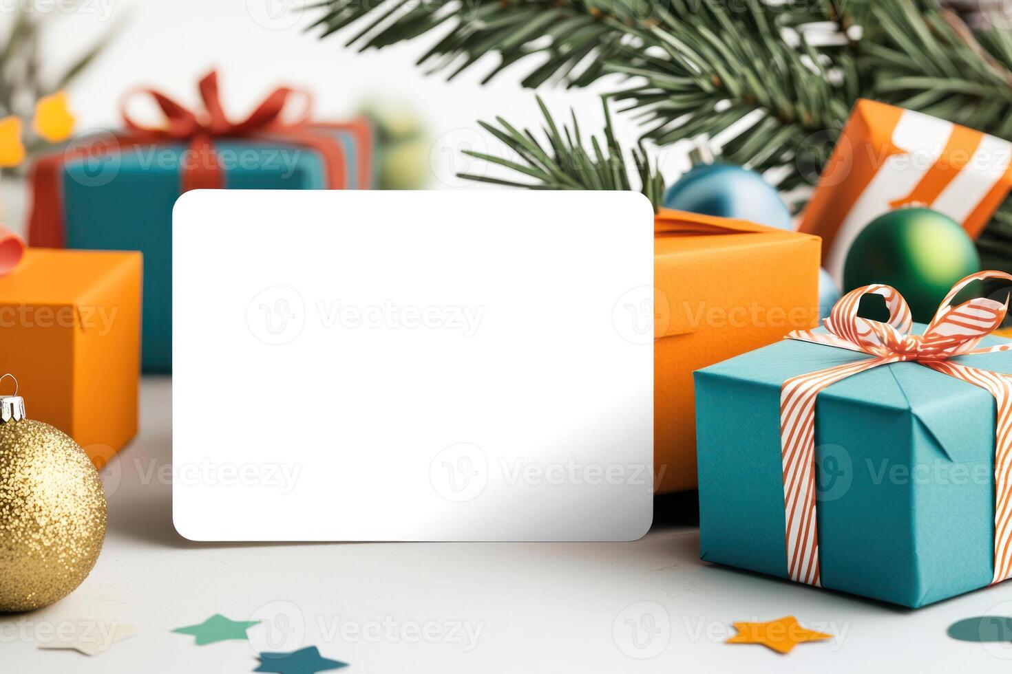 Blank card surrounded by colorful gifts and festive decorations for New Year celebrations. Perfect for personalized messages photo