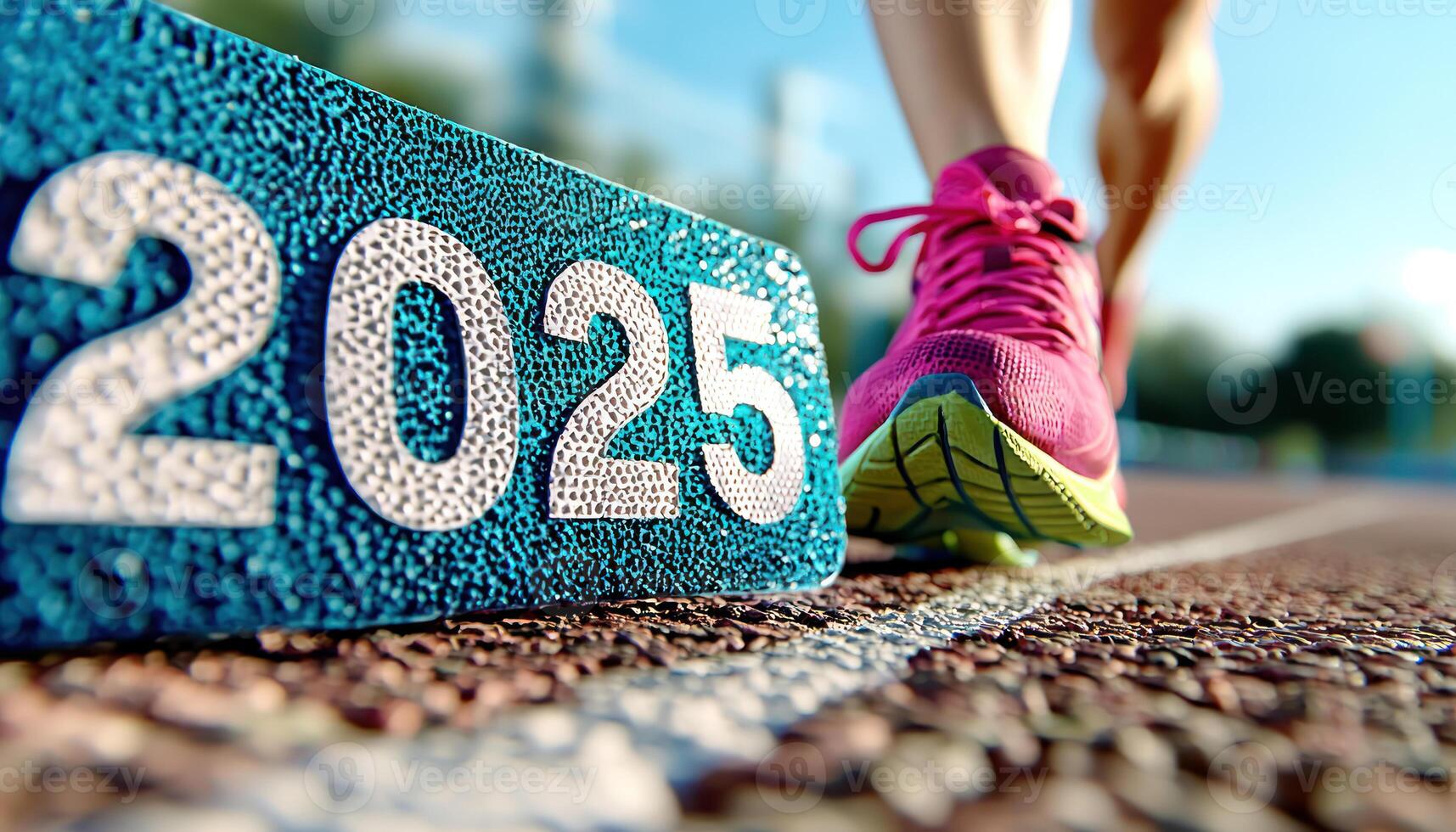 close up of running track with focus on year 2025 and runner foot in vibrant pink shoes, symbolizing athleticism and determination photo