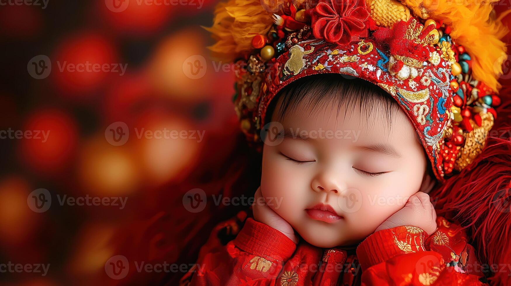 Newborn baby dressed in festive attire, peacefully sleeping with vibrant headpiece, surrounded by warm, colorful background photo