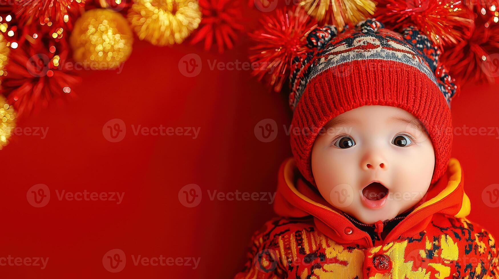 Newborn baby dressed in festive attire, surrounded by vibrant decorations, expressing joy and wonder. Perfect for holiday themes photo