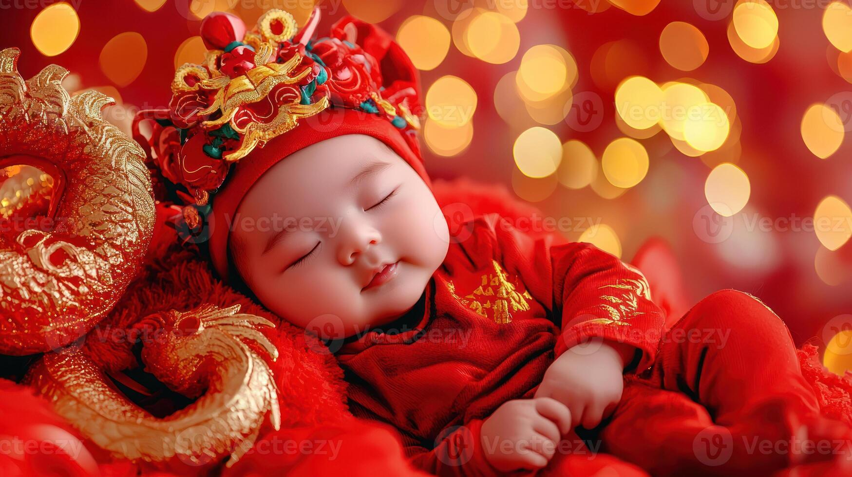 Newborn baby dressed in festive red attire, peacefully sleeping with joyful expression, surrounded by vibrant decorations and soft lights photo