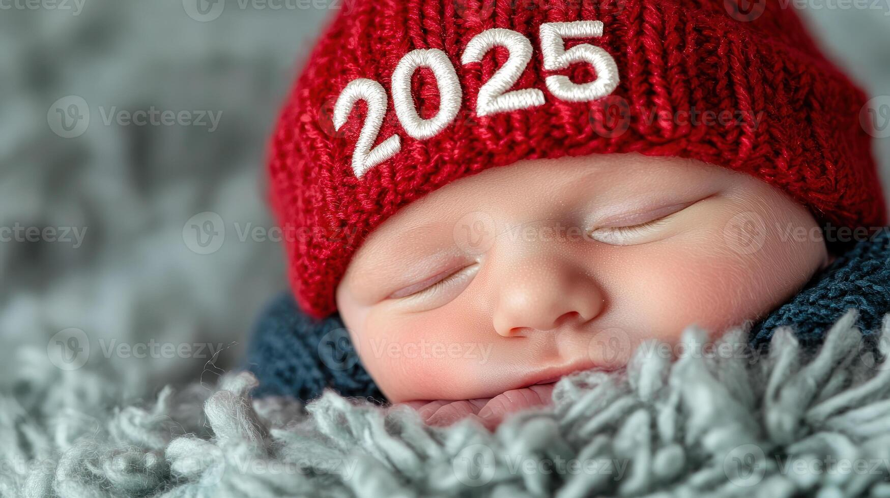 peaceful newborn baby wearing cozy red knitted hat with 2025 rests on soft, fluffy blanket, radiating warmth and innocence photo