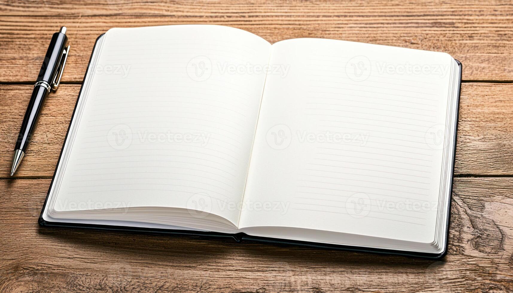 blank notebook and pen on wooden table, perfect for jotting down ideas and resolutions photo