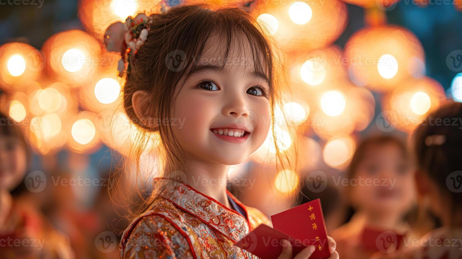 joyful girl in traditional Chinese attire holds red envelope, surrounded by glowing lanterns photo