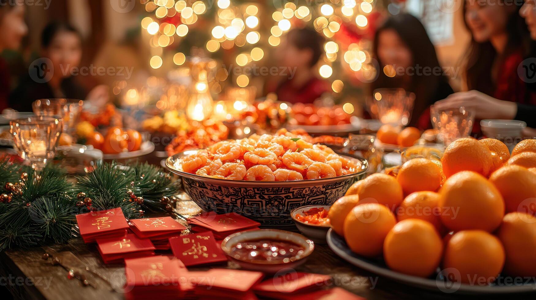 festive family gathering with table full of oranges, tangerines, and red envelopes, creating warm and joyful atmosphere photo