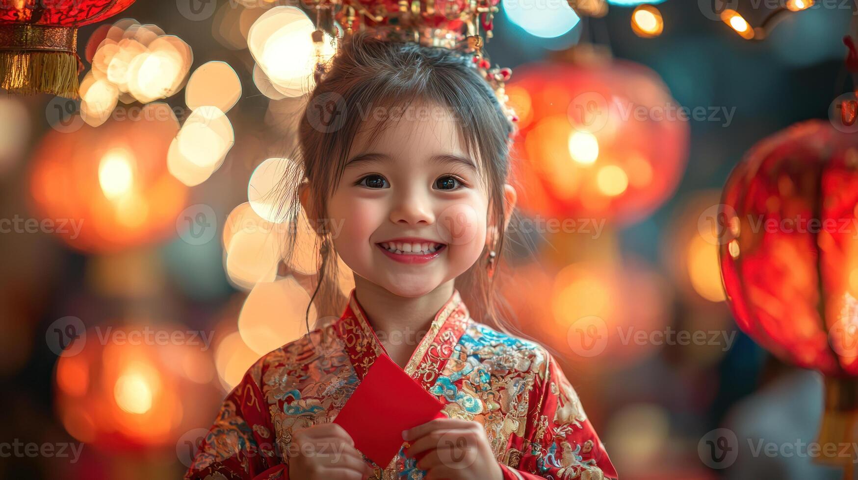 Smiling girl in traditional Chinese attire holding red envelope, surrounded by festive lanterns, radiating joy and celebration photo