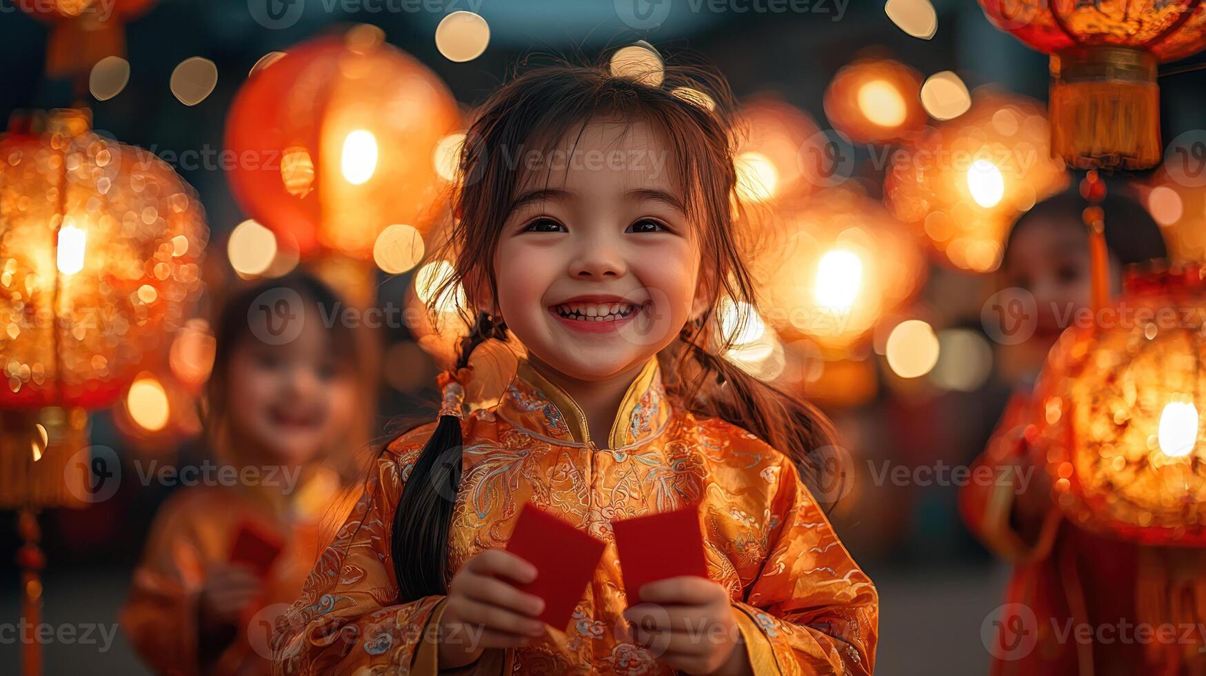 joyful girl in traditional Chinese attire holds red envelopes amidst glowing lanterns, celebrating festive occasion photo