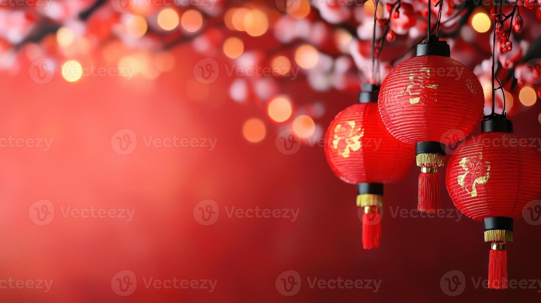 Red Chinese lanterns hang beautifully against blurred background, evoking festive joy and celebration photo