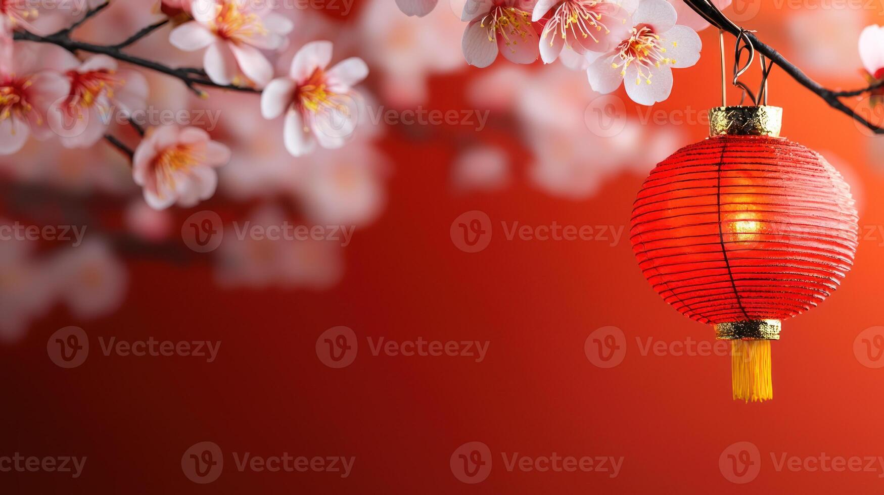 Red lantern hanging from branch adorned with delicate blossoms, creating serene atmosphere photo