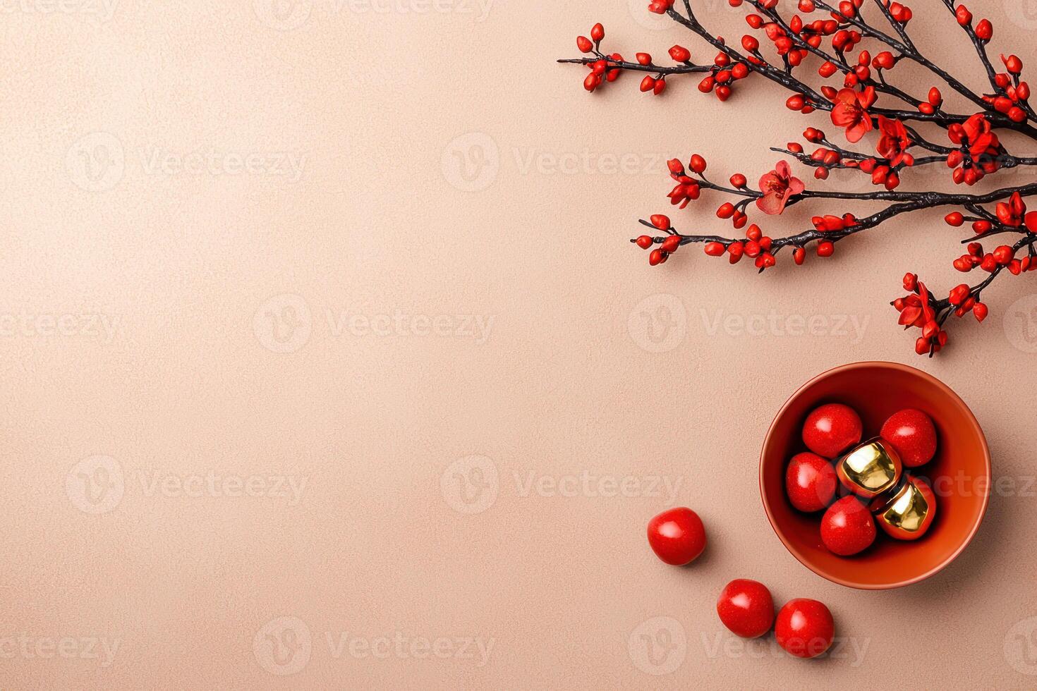 serene arrangement of red blossoms and gold ingots in bowl, symbolizing prosperity and good fortune photo