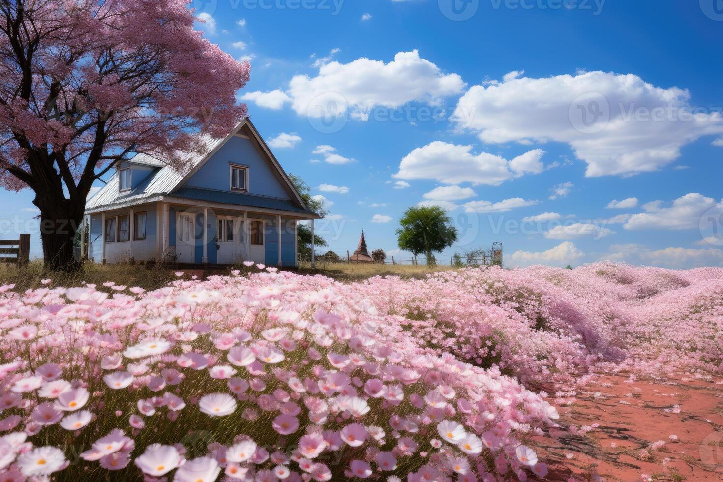 A small house in the middle of a field with pink flowers photo