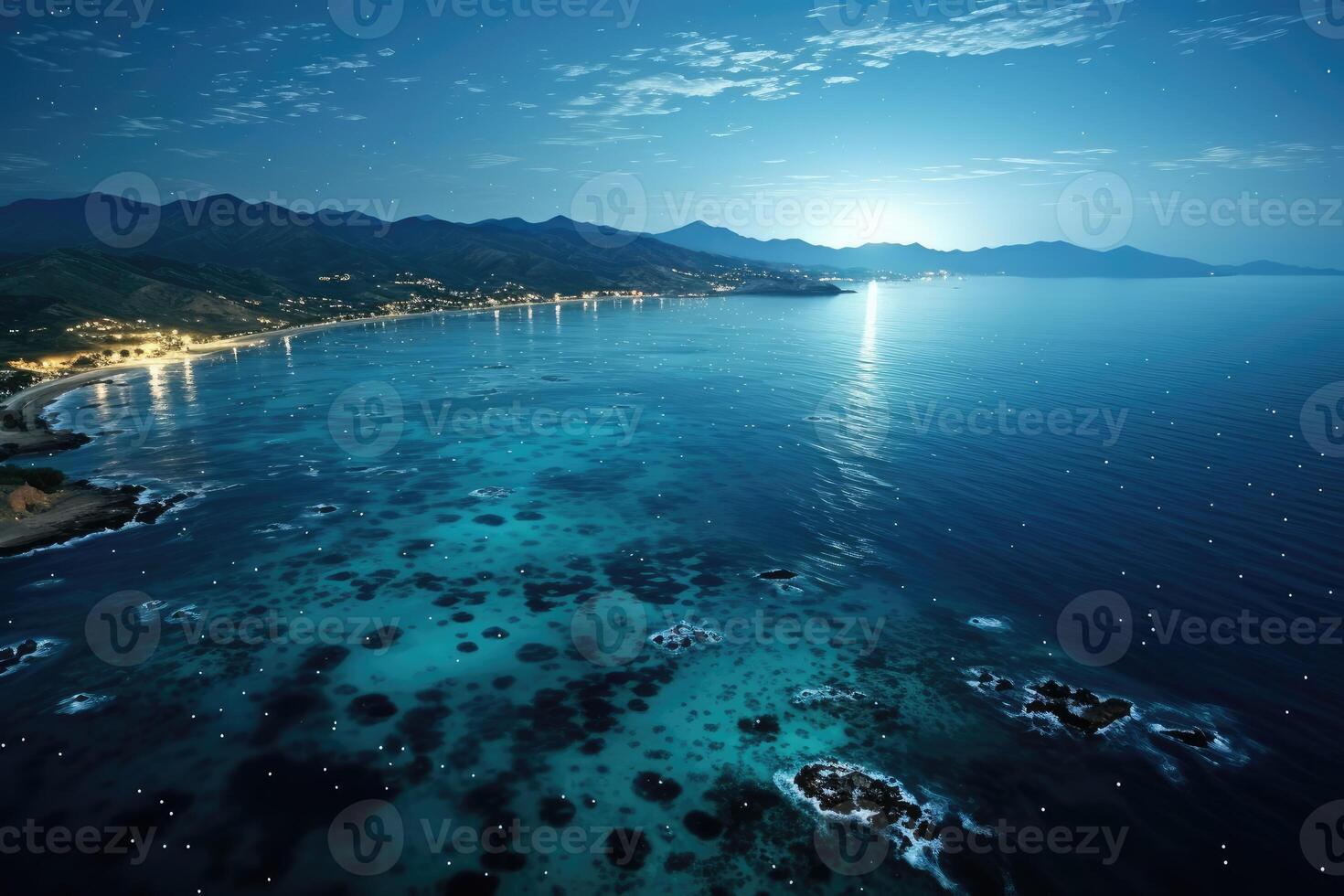 Aerial view of the coast at night with the moon shining photo