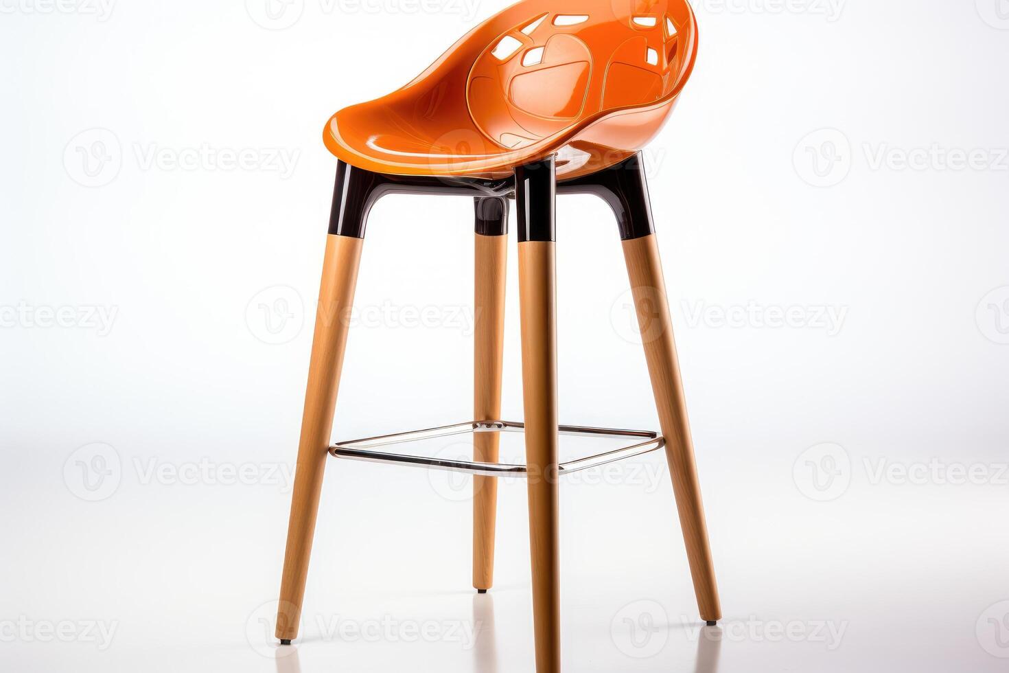 A modern orange bar stool with wooden legs photo