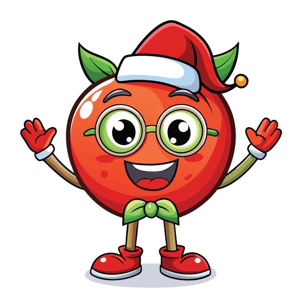 a cartoon tomato wearing a santa hat and glasses vector