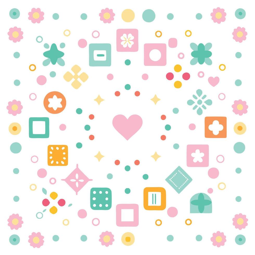 a colorful pattern with various shapes and hearts vector