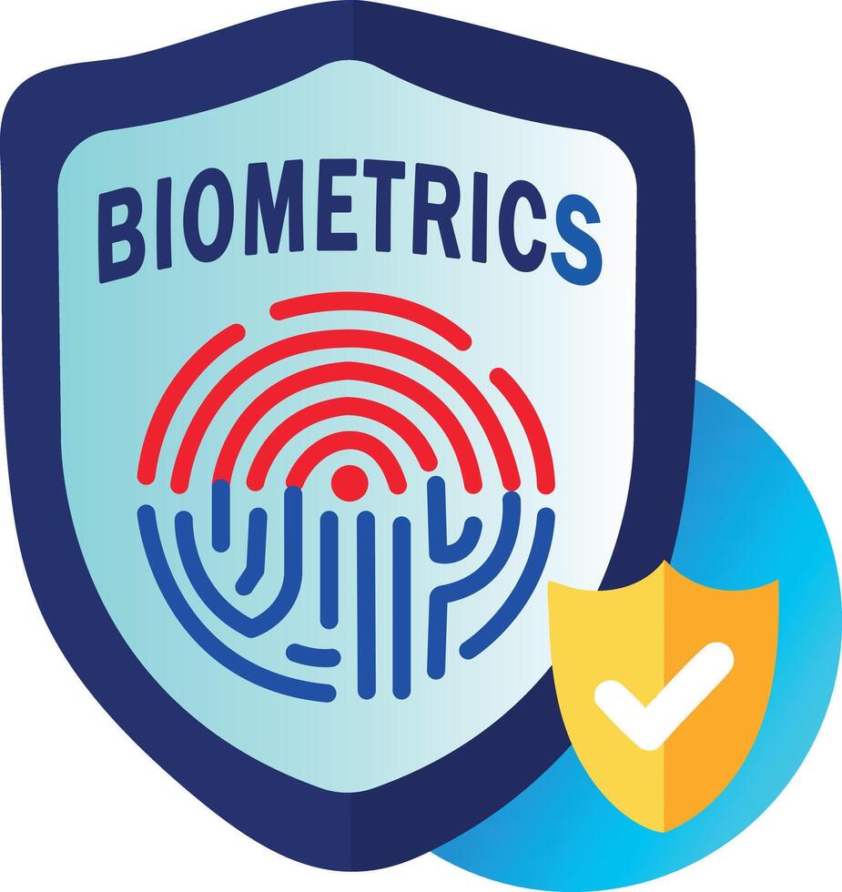 A flat sticker of a shield with a fingerprint and a checkmark, symbolizing biometrics vector
