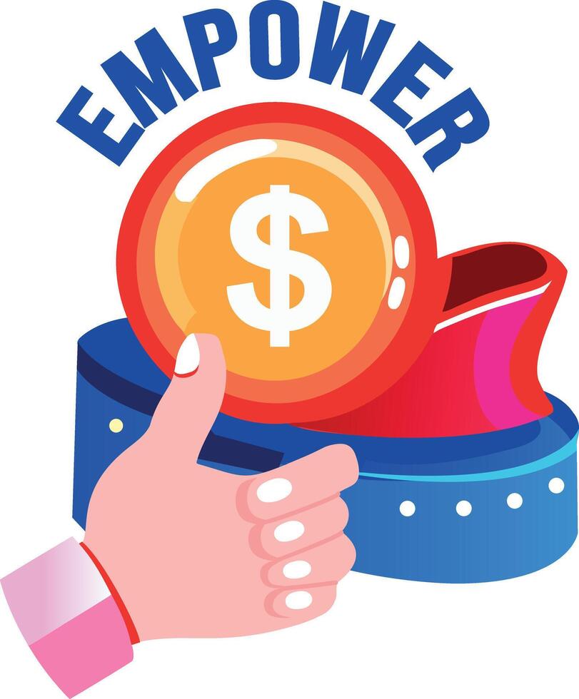 A flat sticker of a hand holding a coin with the word empower vector