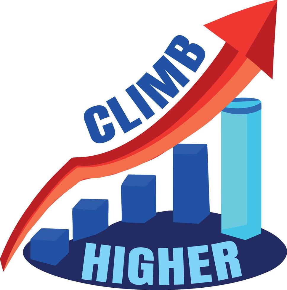 Growth chart with climb higher text, flat sticker vector