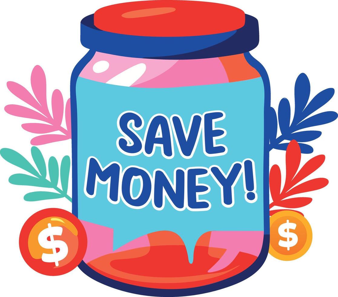 Flat sticker of a jar with the text save money and dollar coins vector