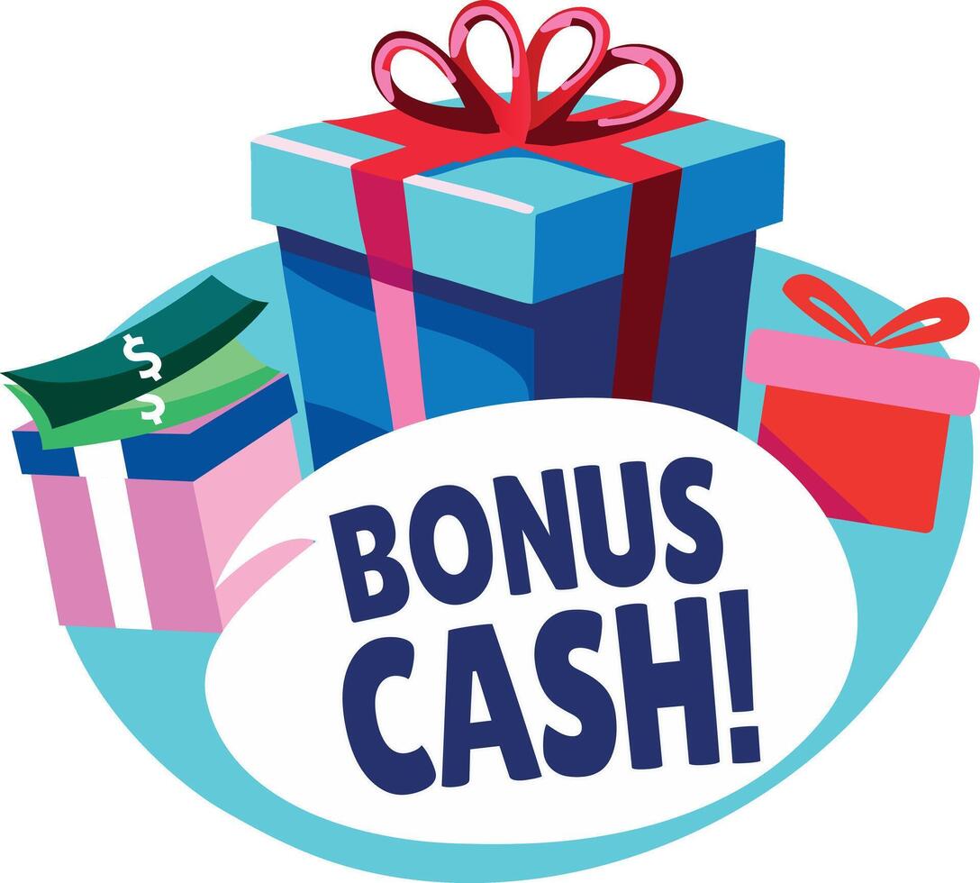 Flat sticker of a stack of money with gifts and the text bonus cash vector