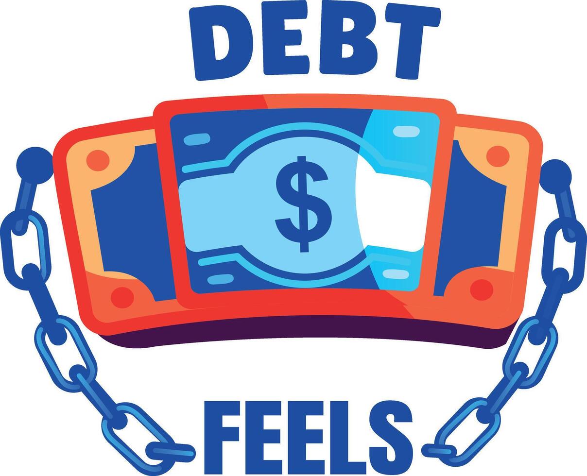 A flat sticker of a money bill chained with the text debt feels vector