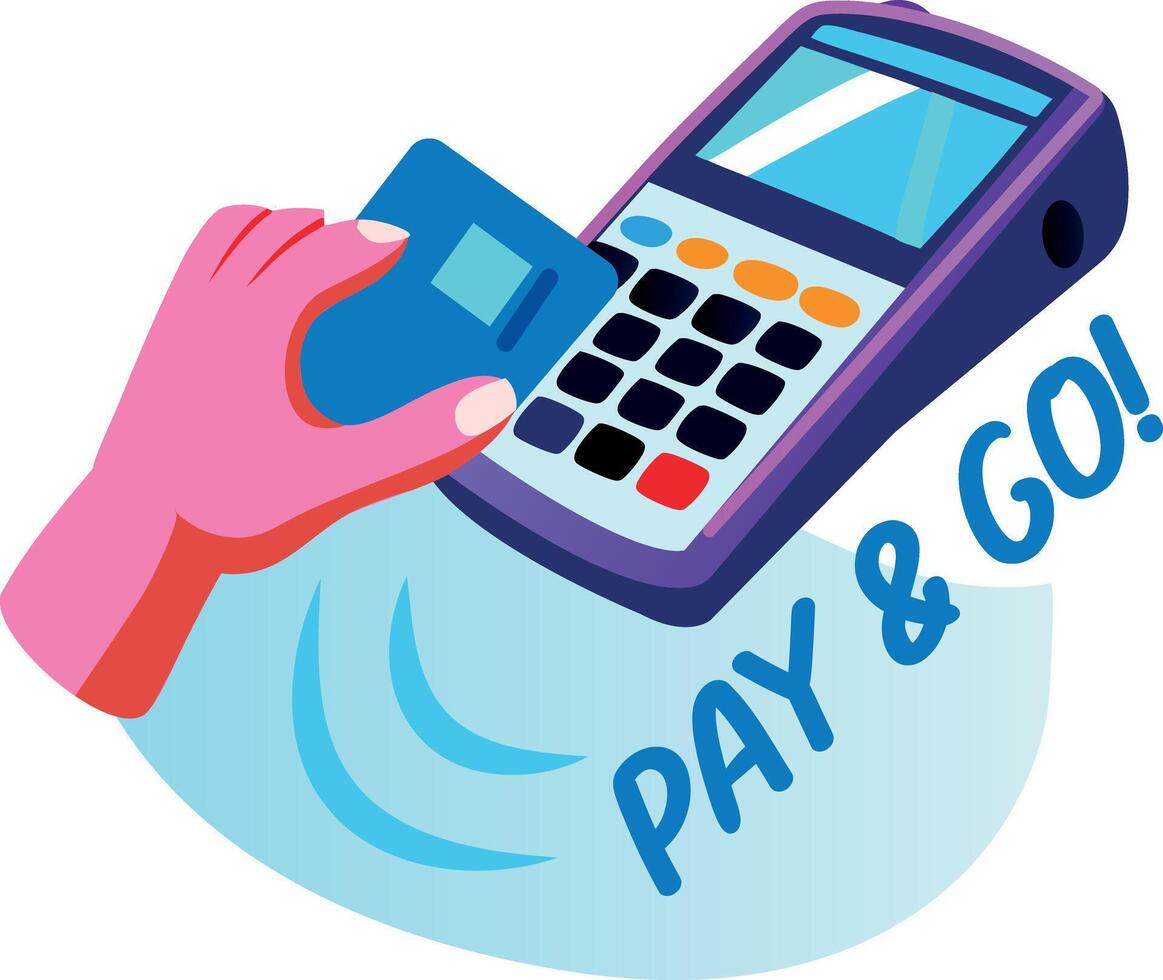 Card swiping machine with pay and go typography, flat sticker vector