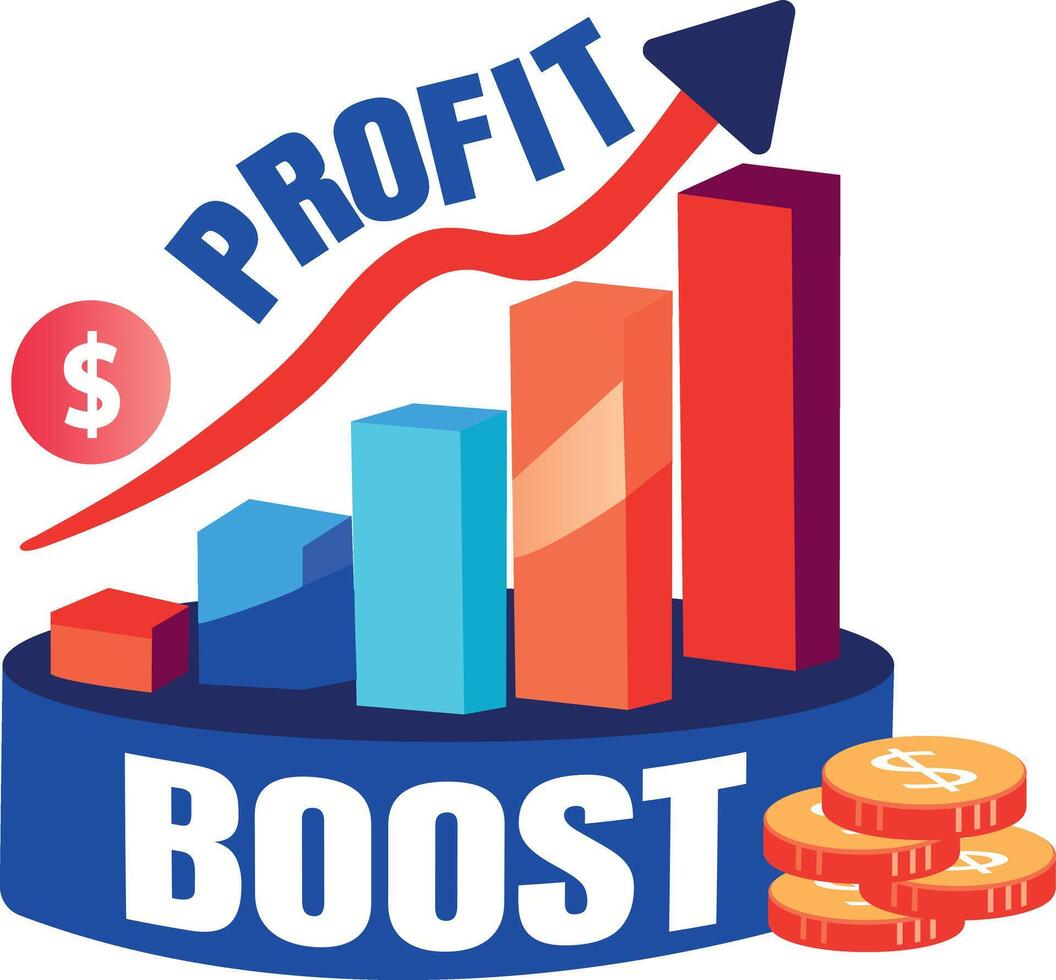 Revenue graph with profit boost text, flat sticker vector