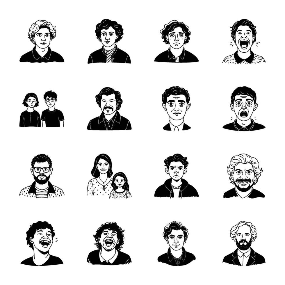 Set of Character Faces Glyph Style Icons vector