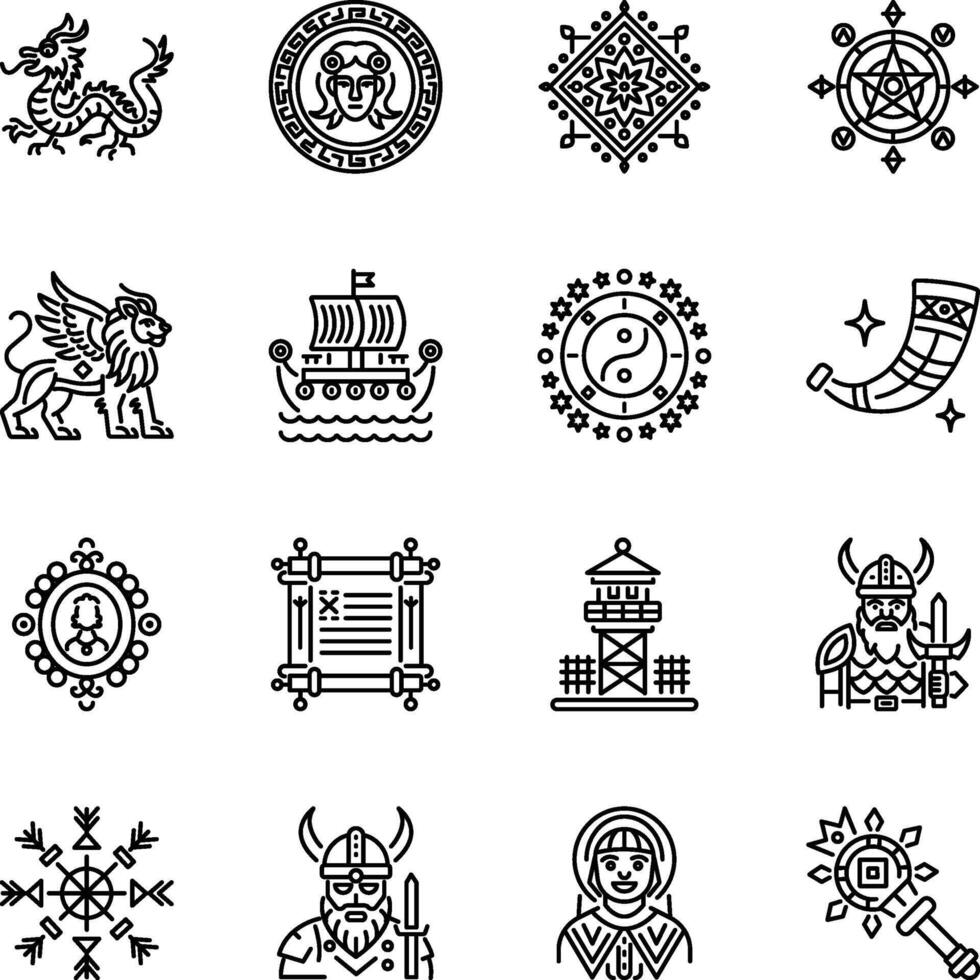 Collection of Linear Style Traditional And Historical Icons vector