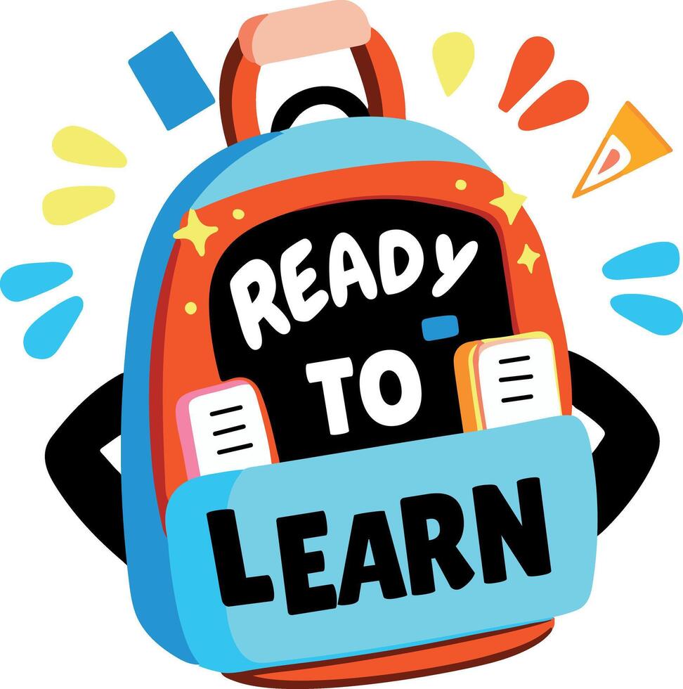A flat sticker of a school bag with ready to learn typography vector