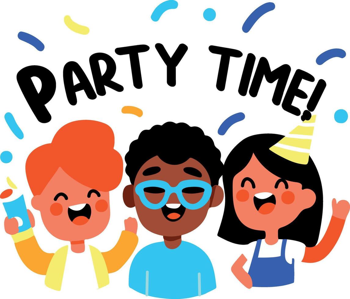 A flat sticker of excited characters with party time typography vector
