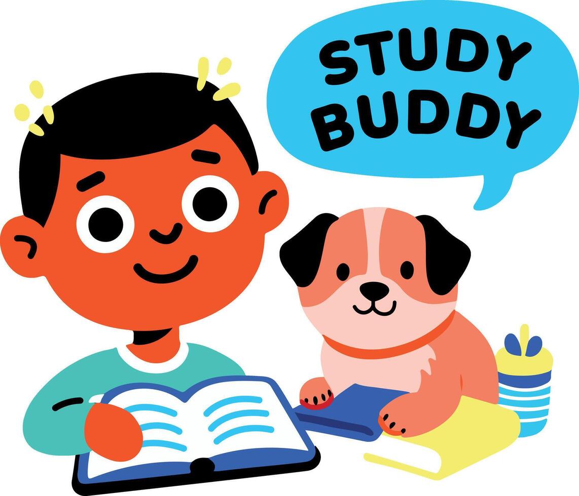 A flat sticker of a character reading book with his pet with study buddy typography vector