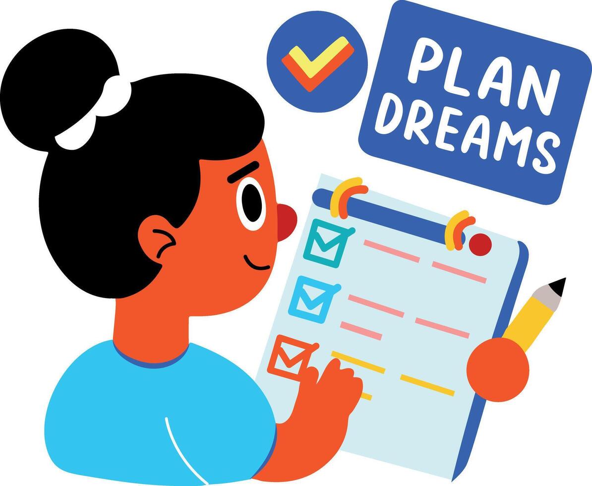 A flat sticker of a character writing a list with plan dreams typography vector